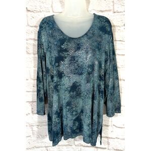 Citiknit V Neck Top Womens XL Blue Silver Metallic Paisley Slinky Stretchy Knit
